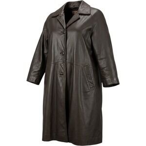 Excelled Collection Womens 1XL Brown Leather Button Front Trench Coat Jacket